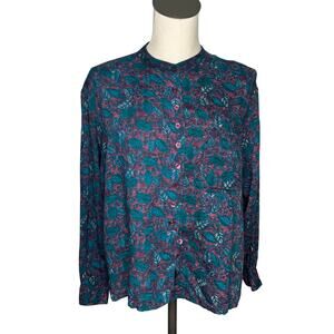 Vintage 80's-90's Basic Editions teal/burgundy button-down blouse Size large